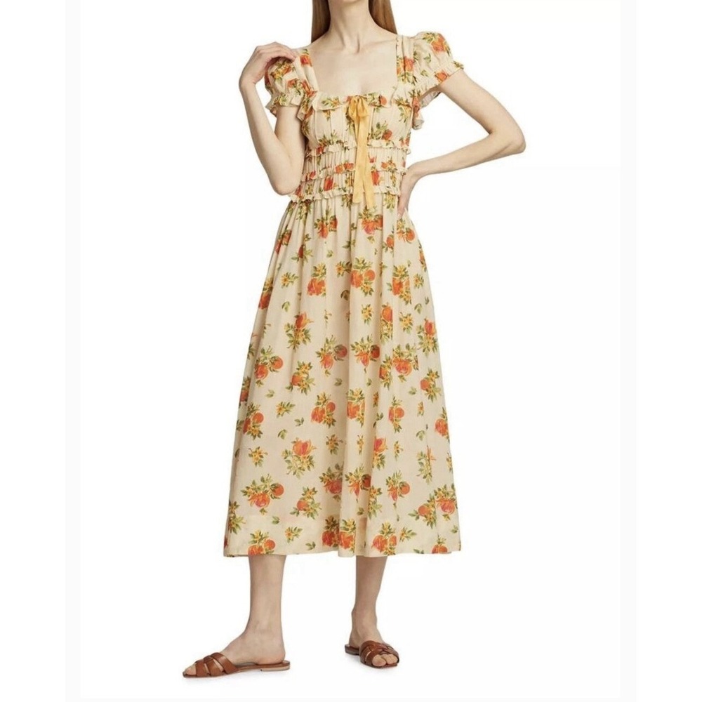 Doen Clarinet Maxi Dress Women Small Floral Orange Smocked Short Sleeve Romantic - Picture 1 of 14